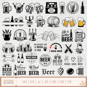 Op de afbeelding: Een verzameling zwart-wit vectorafbeeldingen met bierthema. De ontwerpen omvatten bierpullen, flessen, vaten en tekstelementen zoals "Beer Season", "Life is Better with Beer" en "I Need Beer". Geschikt voor diverse knutselprojecten.