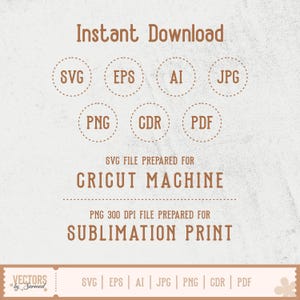 Pu&ograve; includere: Una stampa d'arte digitale beige con le parole "Download istantaneo" in alto. Sotto, sette icone circolari con abbreviazioni di tipo di file: SVG, EPS, AI, JPG, PNG, CDR e PDF. &Egrave; incluso anche il testo "File SVG preparato per Cricut Machine" e "File PNG 300 DPI preparato per la stampa a sublimazione".