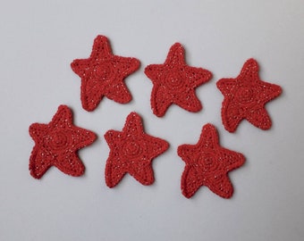 Mini red star applique set of six, metallic little star patch, celestial decoration, crochet shimmering motif, Christmas tree decor