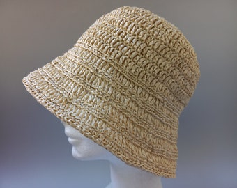 Natural raffia bucket hat, raffia cloche sunhat for women teen-girls, crochet raffia bell hat