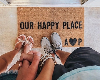 Our happy place doormat with initials