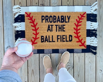 Probably at the ball field doormat, cute doormat, baseball doormat, spring doormat, baseball gift, front door doormat