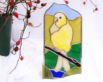 Free Standing Stained Glass Panel with Canary Bird, Standing Sun Catcher for Windowsill or Table Candle Holder Glass Panel Easter Ornament