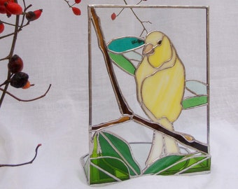 Free standing stained glass panel with yellow tropical bird. OOAK RTS