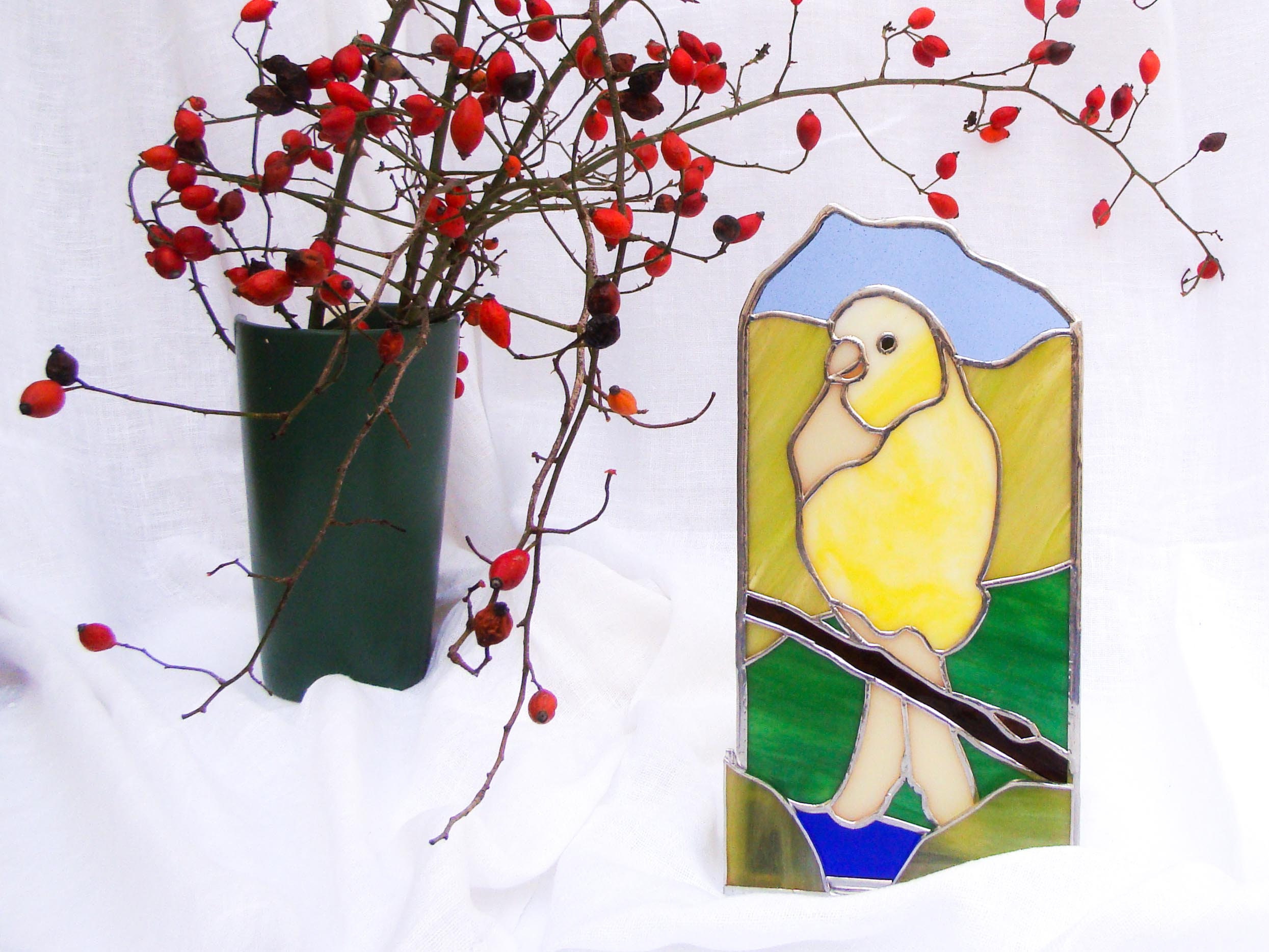 Panneau de Verre Teinté Debout Libre avec Oiseau Canari, Attrape-Soleil Pour Windowsill ou Ornement 