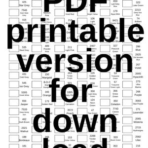May include: A colour chart featuring 144 marker shades, including black, grey, pink, and blue. The text "PDF printable version for download" is overlaid. Each colour is labelled with a number and name.