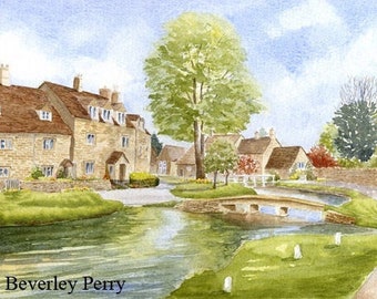 Print of original Cotswold landscape Watercolour painting 'Lower Slaughter Village in the Cotswolds' by Beverley Perry English landscape