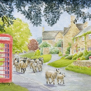 Print of the original Cotswold landscape Village scene Watercolour painting &#39;Heart of the  Cotswolds&#39; by Beverley Perry Traditional English