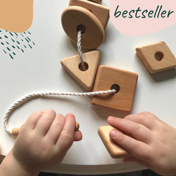 Jouet à lacer en bois avec des formes géométriques pour tout-petit | Perles de laçage en bois | Cadeau pour enfant de 3 ans Fabriqué en Ukraine