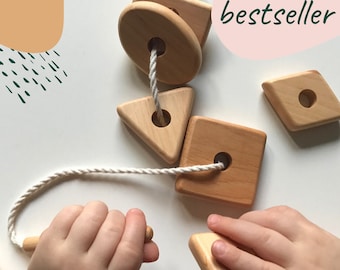 Wooden lacing toy with geometry shapes for toddler  | Wood lacing beads toy | 3 year old kid gift Made in Ukraine