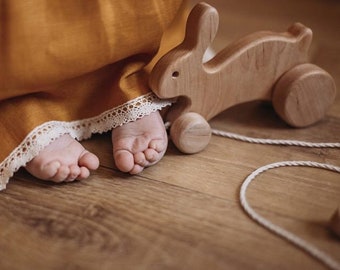 Hopping bunny wood pull toy | Wooden hare baby toy for 1 year old | Made in Ukraine