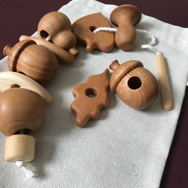 Wooden lacing toy for toddler with mushrooms, fruits and leaves Made in Ukraine image 3