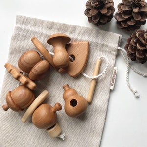Wooden lacing toy for toddler with mushrooms, fruits and leaves Made in Ukraine image 1