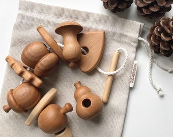 Wooden lacing toy for toddler with mushrooms, fruits and leaves Made in Ukraine