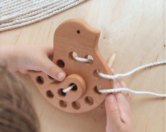 Wooden Bird lacing toy | Threading wood toy for toddler | Montessori 1st sewing toy | Easter chick wood gift Made in Ukraine