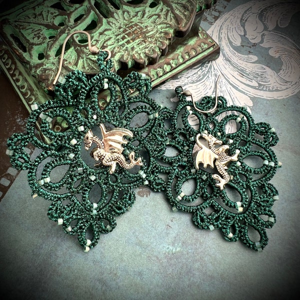 Victorian earrings in green or blue color with dragons, fantasy style lace earrings