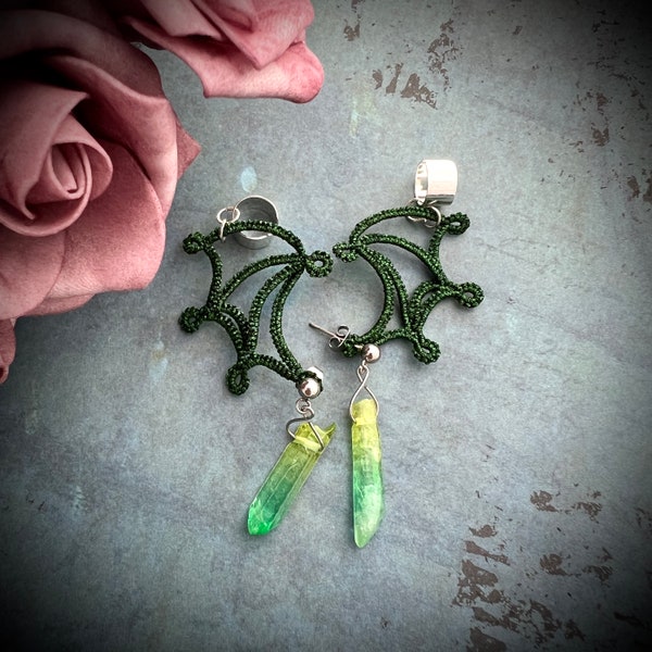 Earcuffs and earrings Green Bat Wings, gothic lace earcuffs with pearl fangs