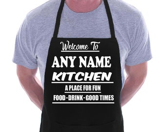 Print4u Personalised Custom Printed Unisex Apron Welcome To Kitchen Add Your Own Name Cooking BBQ  Baking Chef Apron