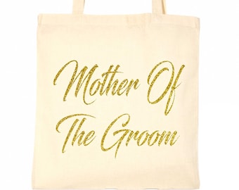 Mother of the Groom Tote Bag: Gold Glitter Wedding Favor