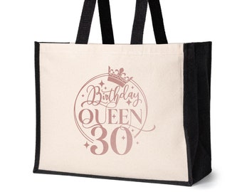Print4U Birthday Queen 30 Tote Jute Bag 30th Birthday Gift Idea Canvas Shopper Natural