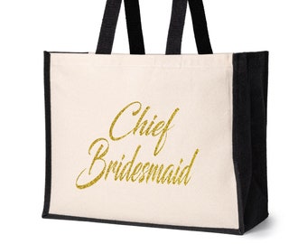 Print4U Chief Bridesmaid Tote Bag Wedding Hen Party Idea Jute Canvas Shopper Natural