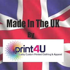 May include: Image features the Union Jack flag of the United Kingdom as a backdrop. Text reads "Made In The UK" above a logo for "print4U", a custom clothing and apparel company. The logo has a colorful design.