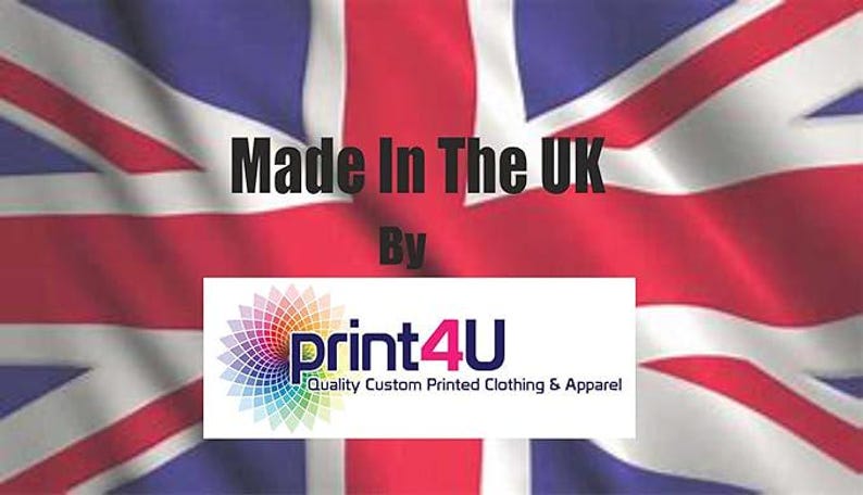 May include: Image features the Union Jack flag of the United Kingdom as a backdrop. Text reads "Made In The UK" above a logo for "print4U", a custom clothing and apparel company. The logo has a colorful design.