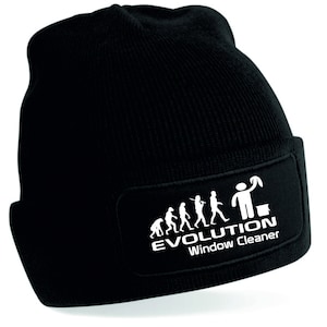 May include: Black beanie with a white patch that says "Evolution Window Cleaner" and shows a stick figure holding a squeegee and a bucket.