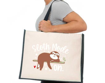 Sloth Mode On Canvas Tote Bag Gift Birthday Present Natural Jute Bag