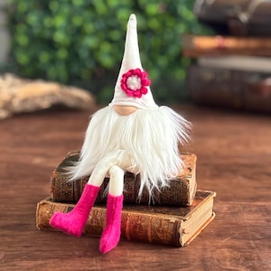 Pink Mini Gnome  named Sprinkles with Long-Legs.  Shelf Sitter with Sweet Personality
