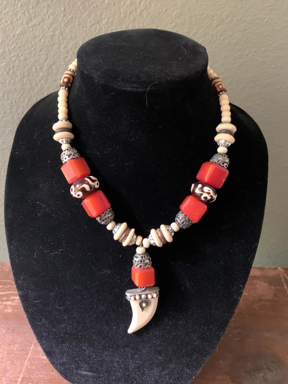 Vintage Batik Bone and Stone Necklace