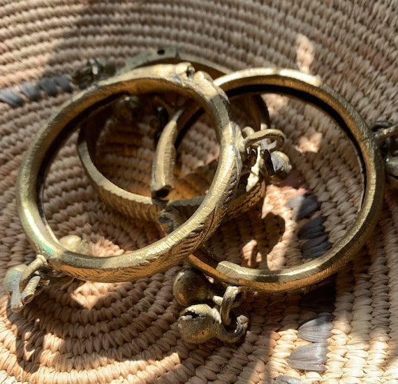 Vintage Handmade Brass Tribal Bell Bracelet Set - image 1