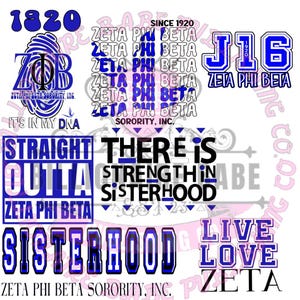 Puede incluir: Un collage de imágenes con el texto "Zeta Phi Beta" en letras azules y blancas. Las imágenes incluyen el escudo de la hermandad, los años "1820" y "1920", y las frases "Straight Outta", "There is Strength in Sisterhood", "Sisterhood", y "Live Love Zeta".