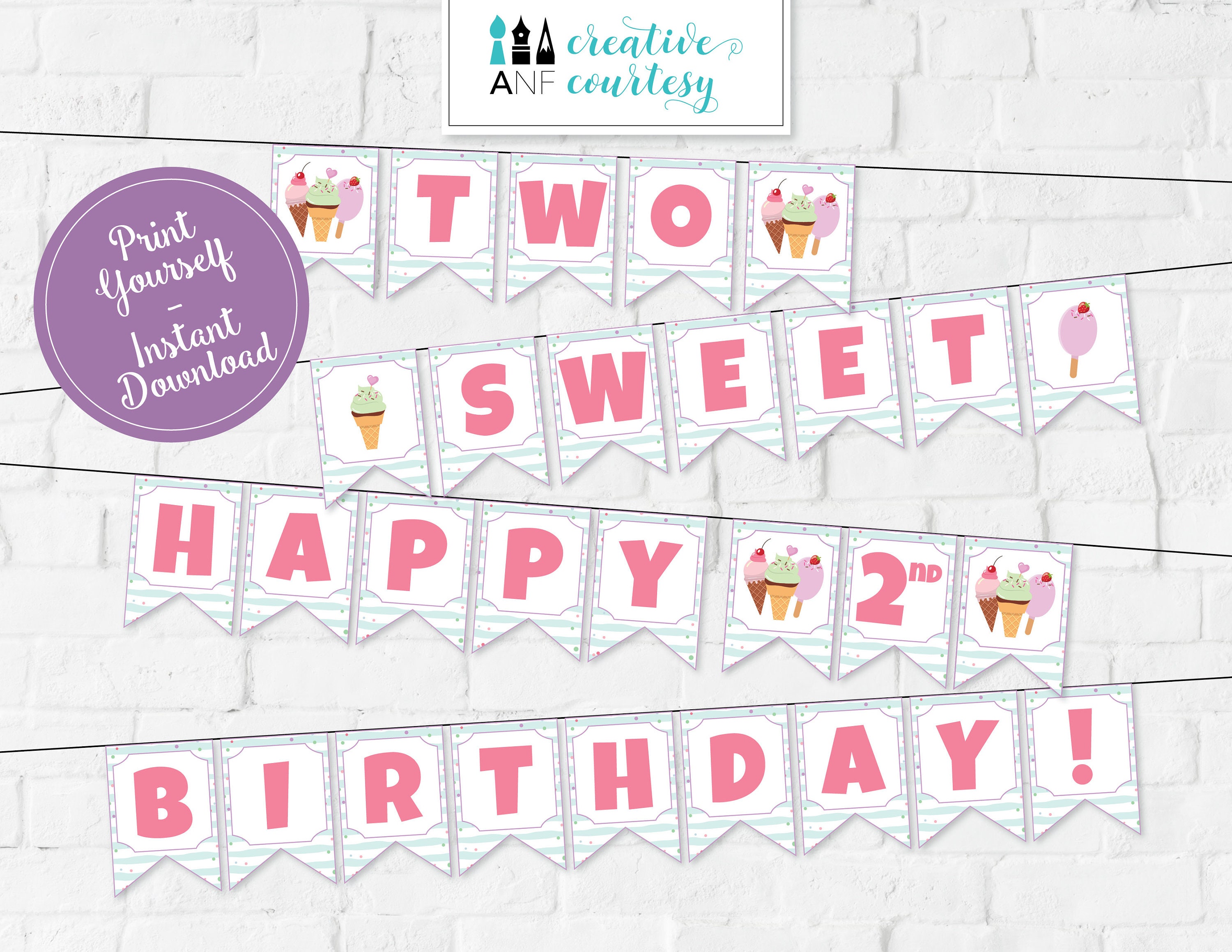 TWO SWEET Happy 2nd Birthday Printable Banner Etsy