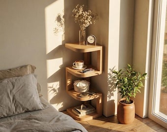 Wooden Corner Shelf  4-Tier Geometric Storage Rack Japandi Minimalist Bookshelf  Small Space Plant Stand Modern Home Decor