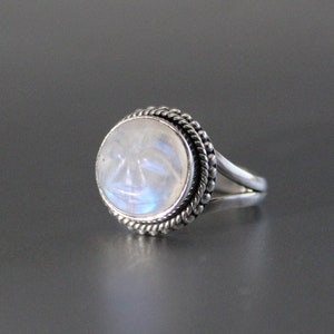 Rainbow Moonstone Ring: Handcrafted Sterling Silver Crescent Moon Face