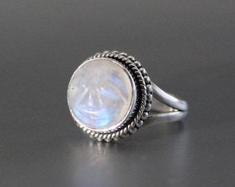 Rainbow Moonstone Ring: Handcrafted Sterling Silver Crescent Moon Face