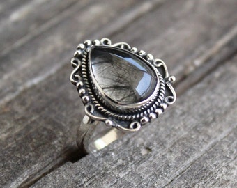 Black Rutile Ring, Tourmalated Rutile Ring, Black Rutilated quartz ring, Handmade Jewelry, Custom Stackable Gemstone Ring, Personalized Gift