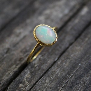 Natural Opal Ring,  Ethiopian Opal Ring,  Opal Engagement Ring, Dainty Opal Ring, Opal Stacking Ring, White Opal and CZ Ring, Gold Opal Ring