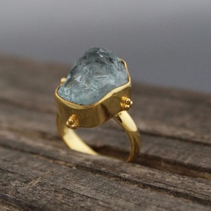 Raw Aquamarine Ring: Sterling Silver Rough Crystal Birthstone Jewelry