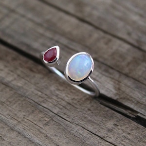 Opal and Ruby Ring, Handmade Birthstone Jewelry, Ethiopian Opal Ring, Perfect Wedding Band, Bridesmaid Gift for Her, Engagement, Wedding