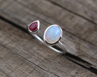 Opal and Ruby Ring, Handmade Birthstone Jewelry, Ethiopian Opal Ring, Perfect Wedding Band, Bridesmaid Gift for Her, Engagement, Wedding