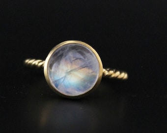 Rainbow Moonstone Ring: Handcrafted Sterling Silver, Gold Plated Boho Jewelry