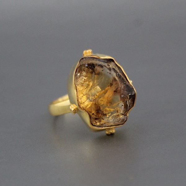 Raw Citrine Ring, Sterling Silver Rings for Women, Stone Ring, November Birthstone Jewelry, Gold Ring, Raw Crystal Ring, Handmade ring