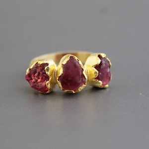 Raw Pink Tourmaline Ring Gold Plated, Rough Gemstone Statement Ring, October Birthstone Jewelry, Handmade Boho Gift for Her, Gift for Mom