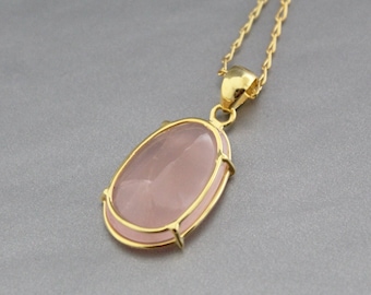 Rose Quartz Necklace, Natural Rose Quartz Pendant, Pink Jewelry, 14K Gold Vermiel, Unique Gift for Her