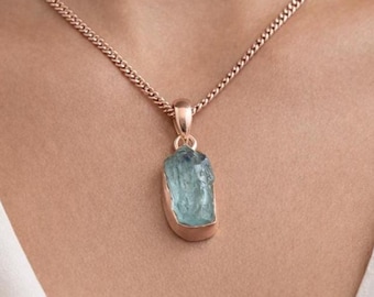 Raw Aquamarine Necklace: Rose Gold Sterling Silver, March Birthstone
