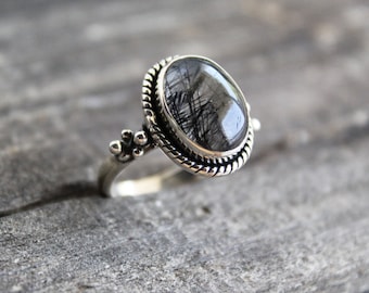 Black Rutile Ring 925 Sterling Silver Ring Twist Band Ring Natural Black Rutile Gemstone Ring Emerald Cut Ring Silver Designer Rings