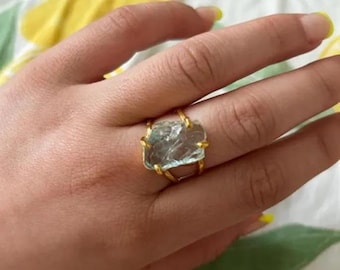 Raw Aquamarine Ring, Gold Plated Sterling Silver, March Birthstone, Minimal Style