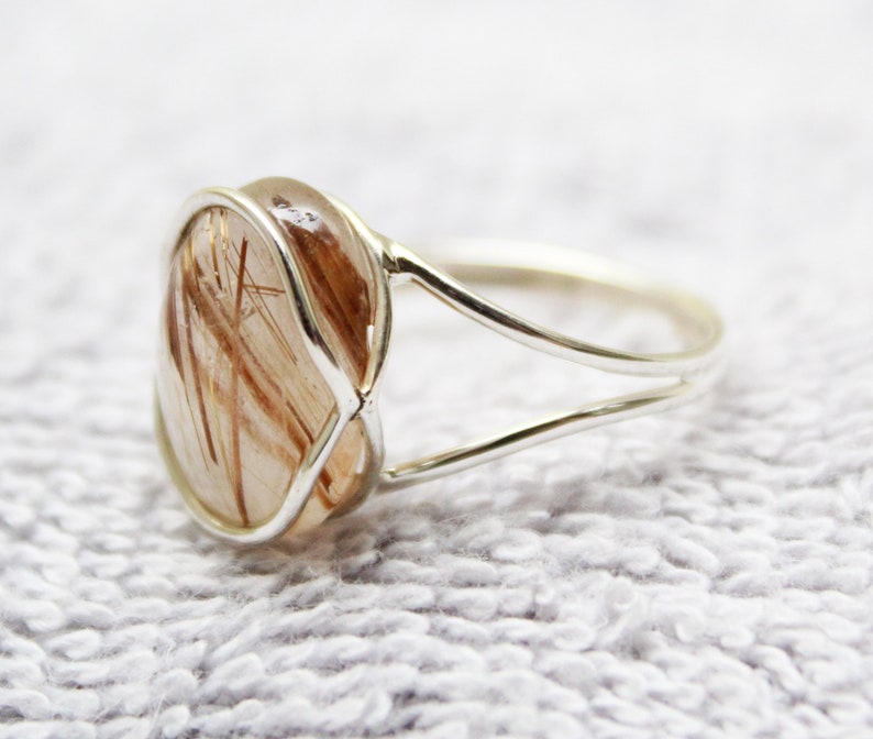 Golden rutile ring, Golden rutilated quartz, Rutilated Quartz Ring, Dainty Gold Ring, Sterling Silver Ring, Ring for women, Classic Jewelry image 3